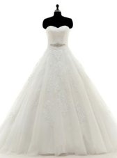 White A-line Tulle Sweetheart Sleeveless Beading and Lace and Appliques With Train Clasp Handle Bridal Gown Brush Train