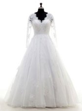 Exceptional Long Sleeves Beading and Lace and Appliques Clasp Handle Wedding Dress