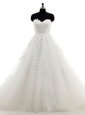 White Sleeveless Brush Train Lace and Appliques With Train Wedding Gown