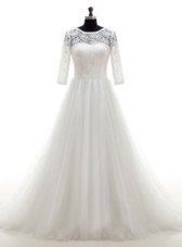 Unique Scoop With Train White Wedding Dress Tulle Brush Train Half Sleeves Lace