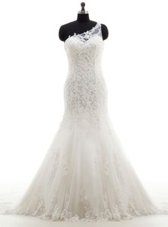 Captivating One Shoulder With Train Mermaid Sleeveless White Wedding Dress Court Train Lace Up