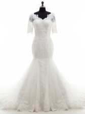 Sweet Mermaid Tulle Half Sleeves With Train Wedding Dress Court Train and Lace and Appliques