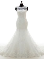 Mermaid Scoop White Sleeveless With Train Appliques Clasp Handle Bridal Gown
