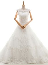 Smart White A-line Scoop Sleeveless Tulle With Brush Train Clasp Handle Appliques Wedding Gown