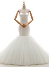 Amazing White Mermaid Sweetheart Sleeveless Tulle With Brush Train Lace Up Ruching Wedding Dresses