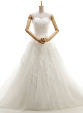 White A-line Appliques Wedding Gowns Lace Up Tulle Sleeveless With Train