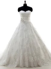 Glorious White Wedding Gowns Lace Brush Train Sleeveless Lace and Appliques