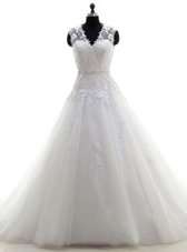 Custom Fit White Tulle Backless V-neck Sleeveless With Train Wedding Dress Appliques
