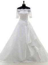 Most Popular Off the Shoulder White Half Sleeves With Train Lace Clasp Handle Wedding Gowns