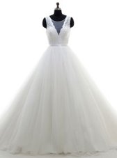 Latest Scoop Sleeveless With Train Lace Clasp Handle Bridal Gown with White Brush Train