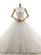 Customized V-neck Sleeveless Tulle Wedding Dress Lace Chapel Train Lace Up