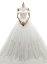 Fabulous With Train White Wedding Dresses Off The Shoulder Sleeveless Chapel Train Lace Up