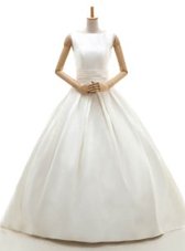 Exceptional Ruching Wedding Gown White Clasp Handle Sleeveless Floor Length