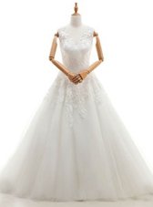 Delicate V-neck Sleeveless Bridal Gown With Brush Train Appliques White Tulle