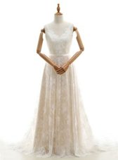 Pretty Champagne Sleeveless Lace Chapel Train Zipper Wedding Gown for Wedding Party