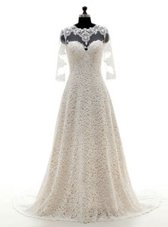 Colorful Scoop Champagne 3|4 Length Sleeve Court Train Lace With Train Wedding Gowns
