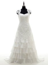 Excellent Sweetheart Cap Sleeves Wedding Gowns With Brush Train Lace and Ruffled Layers White Lace