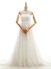 Comfortable Court Train Empire Bridal Gown White Strapless Tulle Sleeveless With Train Zipper