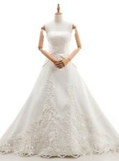 Admirable Satin and Lace Strapless Sleeveless Chapel Train Lace Up Lace Wedding Dress in White