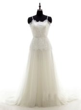 Edgy White Sleeveless With Train Lace Zipper Bridal Gown