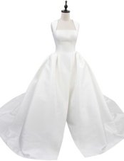 Customized With Train White Bridal Gown Square Sleeveless Court Train Zipper