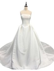 Extravagant White Sleeveless With Train Ruching Zipper Wedding Dresses
