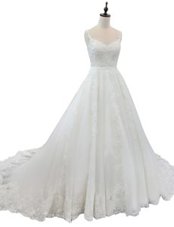 Pretty Tulle Straps Sleeveless Chapel Train Zipper Appliques Bridal Gown in White