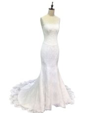 Superior Scoop White Mermaid Lace and Appliques Bridal Gown Zipper Lace Sleeveless With Train