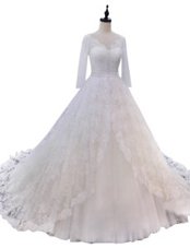 Long Sleeves With Train Lace Zipper Wedding Dresses with White Chapel Train