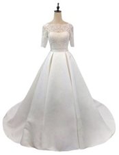 Modern Half Sleeves Satin With Train Chapel Train Zipper Bridal Gown in White for with Lace