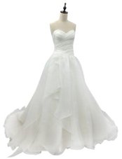 Hot Sale White Zipper Sweetheart Ruching Wedding Gowns Organza Sleeveless Brush Train