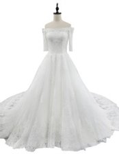 Perfect White Ball Gowns Off The Shoulder Half Sleeves Lace With Train Chapel Train Zipper Lace Bridal Gown