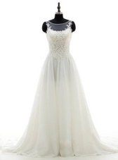 Scoop Lace Wedding Gown White Clasp Handle Sleeveless With Brush Train