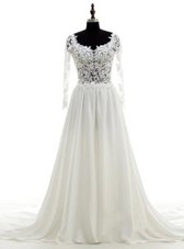 Low Price Scoop Long Sleeves With Train Lace Backless Wedding Dress with White Brush Train