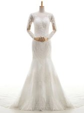 Dramatic Mermaid White V-neck Clasp Handle Lace and Appliques Wedding Gown Brush Train Long Sleeves
