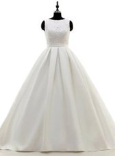 Designer Scoop White Sleeveless Brush Train Lace and Appliques and Bowknot With Train Wedding Dresses
