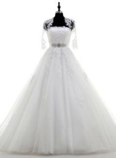 Captivating White Ball Gowns Beading and Lace and Appliques Wedding Gowns Lace Up Tulle Sleeveless With Train