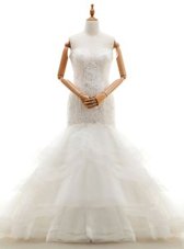 Shining Mermaid White Sleeveless With Train Beading and Lace and Ruffled Layers Clasp Handle Wedding Gowns