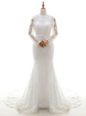Trendy Mermaid Scalloped White Long Sleeves Brush Train Lace With Train Bridal Gown
