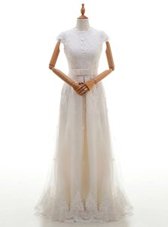 Cute Scoop White Empire Lace and Appliques Wedding Gown Zipper Tulle Cap Sleeves With Train