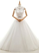 Enchanting White Wedding Dresses Wedding Party and For with Beading and Lace Scoop Sleeveless Brush Train Clasp Handle