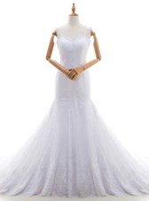 Nice Mermaid White Sleeveless Lace Brush Train Backless Wedding Gowns for Wedding Party