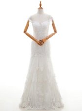 Best Selling White Lace Lace Up V-neck Cap Sleeves Floor Length Wedding Gowns Lace and Appliques