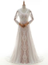 Chic V-neck Long Sleeves Wedding Dresses With Brush Train Lace White Lace