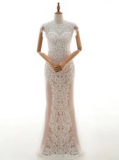 Most Popular Champagne Lace Zipper High-neck Cap Sleeves Floor Length Wedding Gown Lace