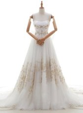 Strapless Sleeveless Wedding Gown With Train Chapel Train Appliques and Bowknot White Tulle