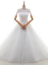 White Lace Up Wedding Gowns Lace and Bowknot Cap Sleeves With Train Court Train