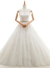 Superior White A-line Scoop Sleeveless Tulle With Brush Train Clasp Handle Lace and Appliques Bridal Gown