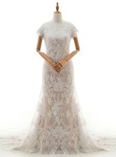 Discount Mermaid White Cap Sleeves With Train Lace and Appliques Clasp Handle Wedding Gown