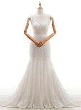 Popular Lace With Train Mermaid Sleeveless White Wedding Gown Court Train Backless